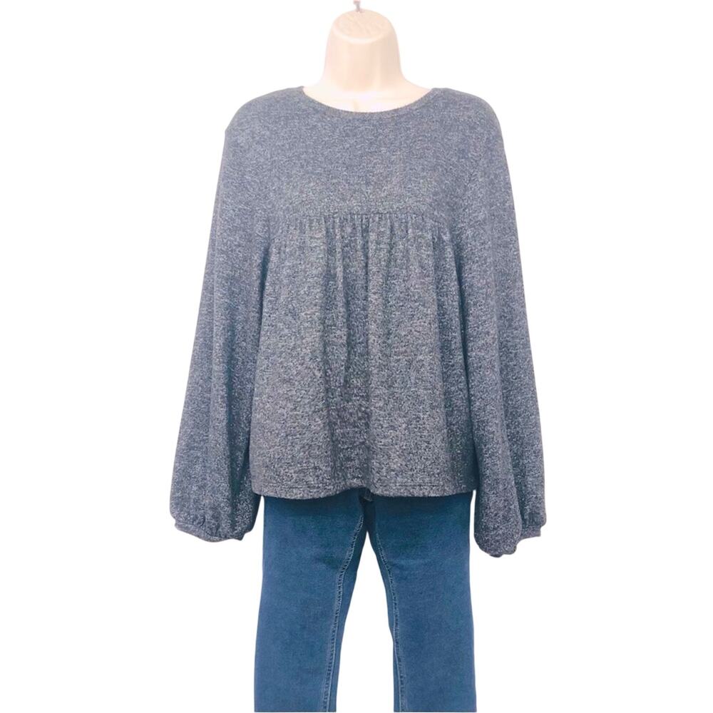 Zara Trafaluc Gray Marled Sweater Loose Fit Bishop Sleeves Rounded Neckline - Picture 2 of 16
